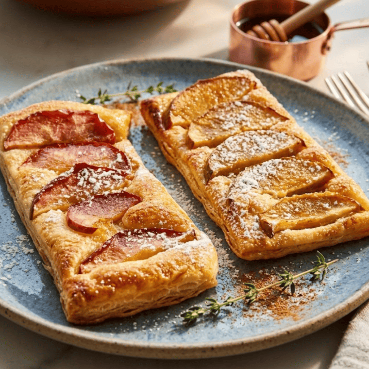 Golden air fryer cinnamon sugar apple puff pastry on a white plate