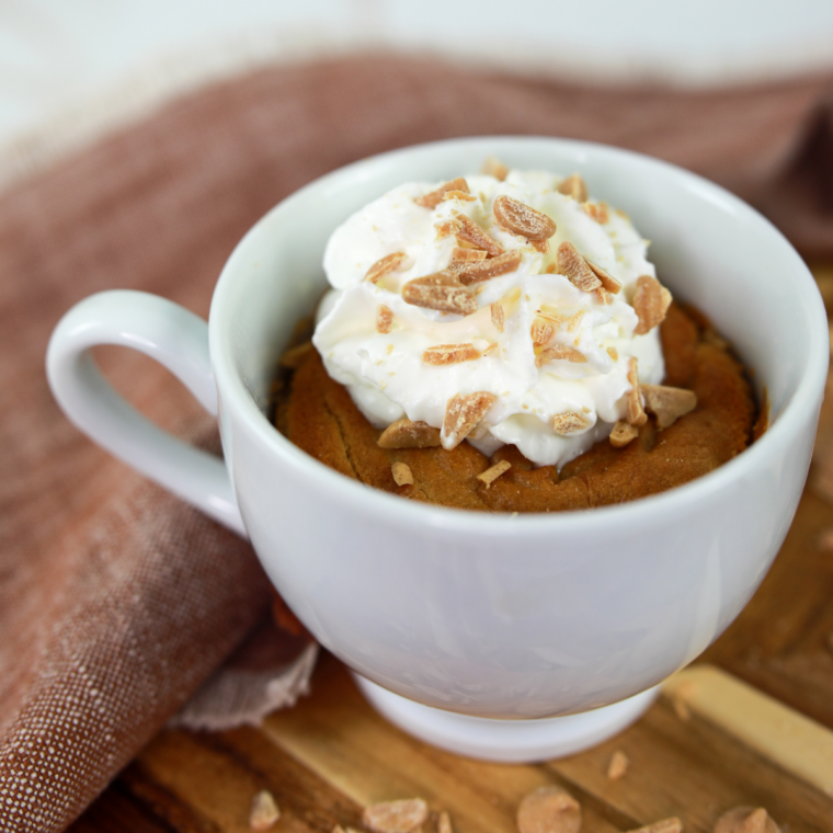 Air fryer peanut butter mug cake in a white mug topped with whipped cream and peanut butter chips