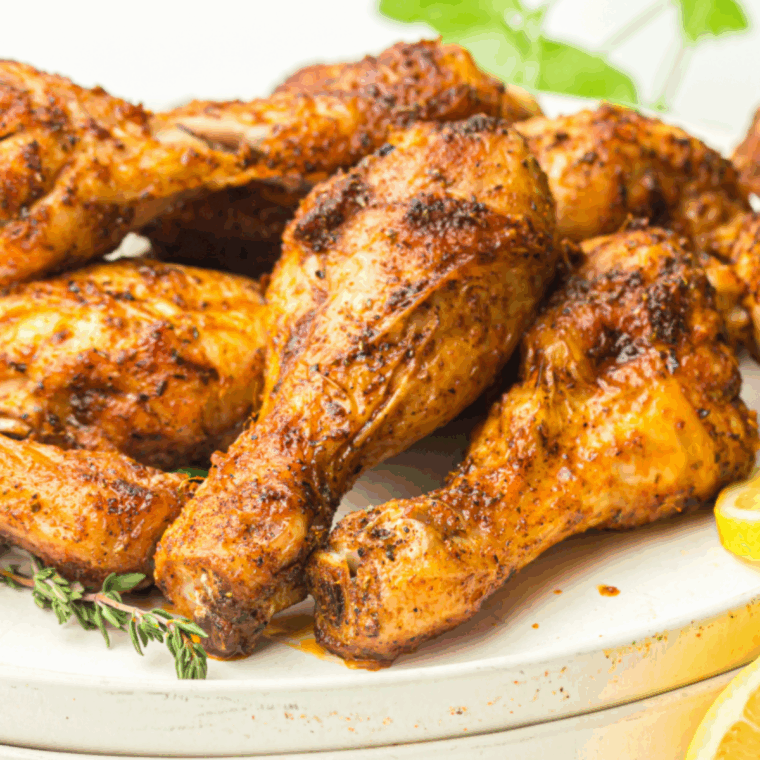 Close up of plate of Easy Air Fryer Cajun Chicken Drumsticks on kitchen table.