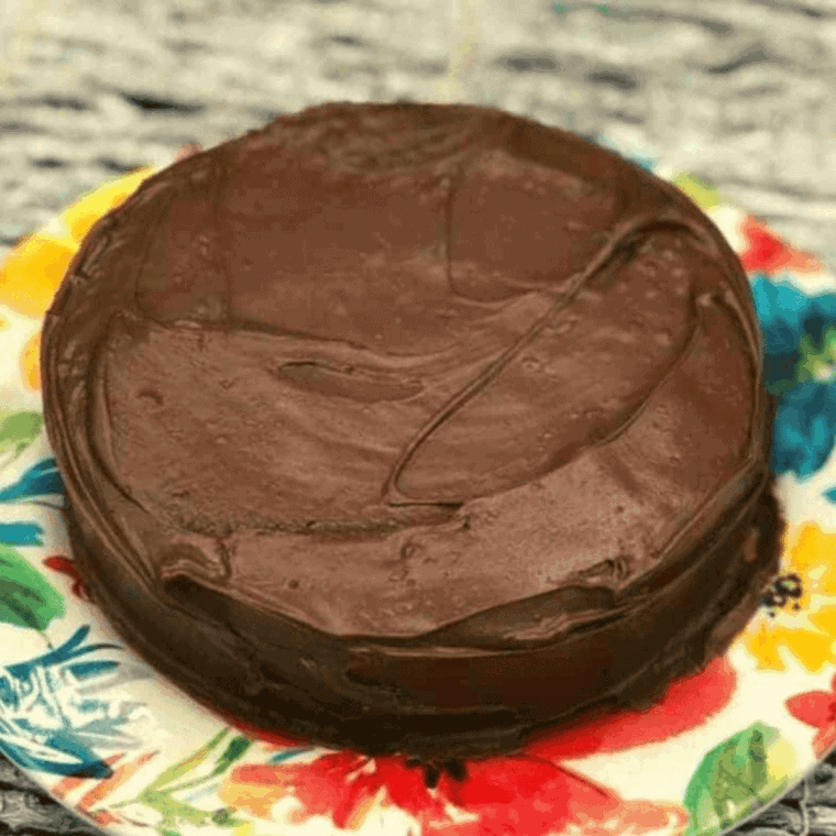Three ingredient Nutella cake baked in air fryer, sliced on plate.