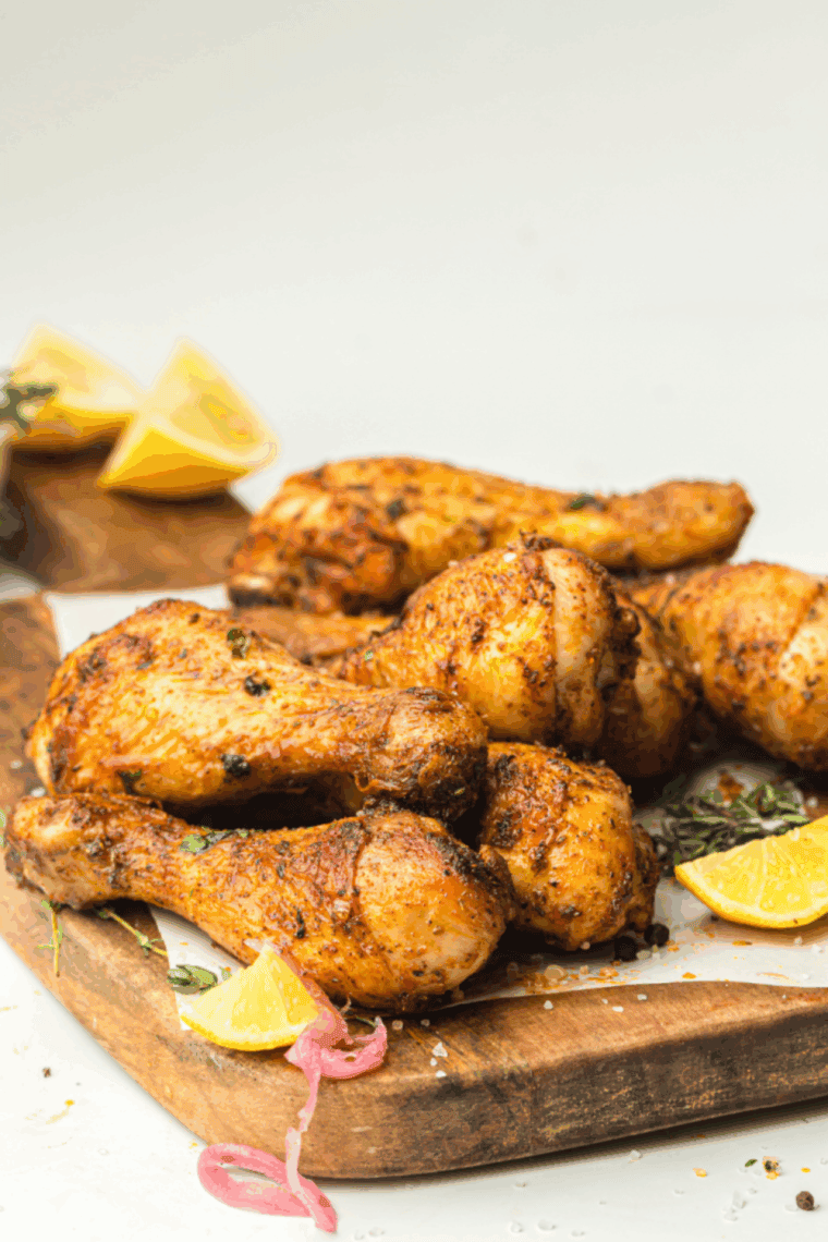 The Crispiest Air Fryer Cajun Chicken Drumsticks plated with lemon.