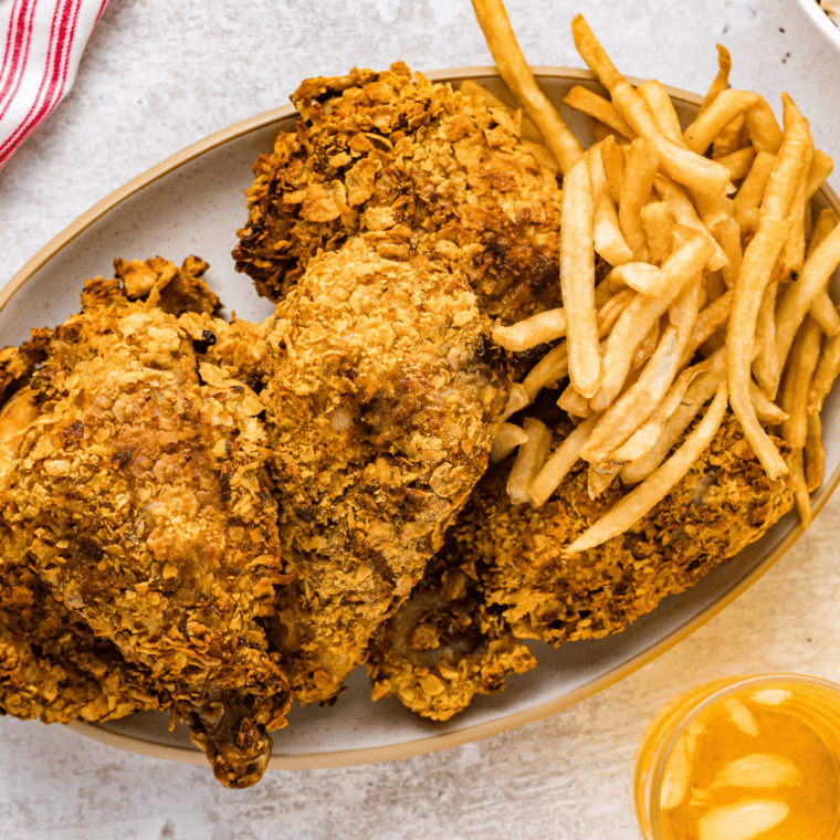 Captain Crunch Chicken tenders with french fries and Creole mustard dipping sauce, a Planet Hollywood copycat