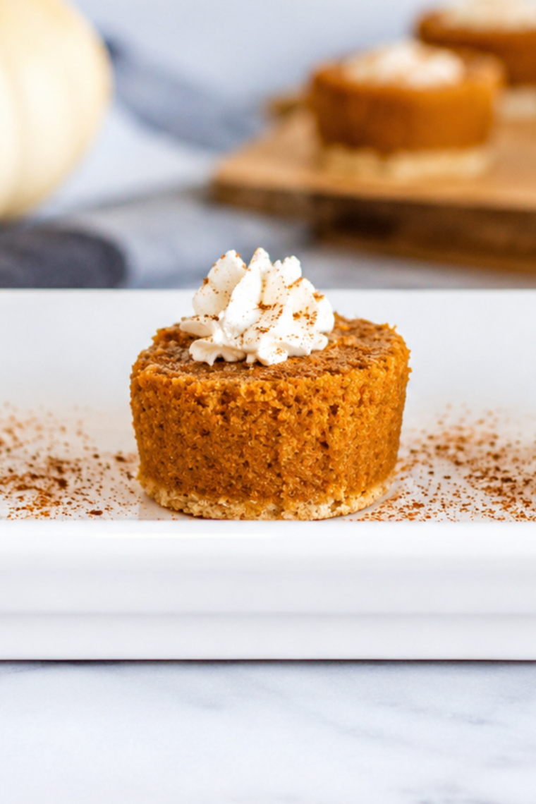Close up of a pumpkin pie bite showing clean custard sides and flaky crust base