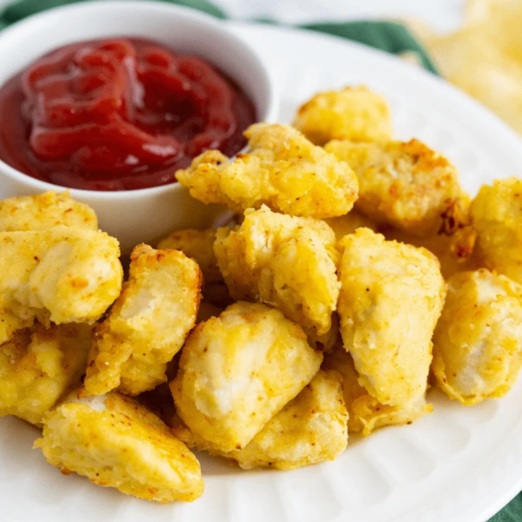 Golden crispy chicken nuggets cooking in the air fryer basket, evenly spaced and lightly oiled for a crunchy finish.