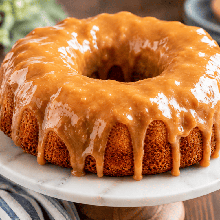 Air fryer cinnamon swirl bundt coffee cake with caramel glaze dripping down the ridges