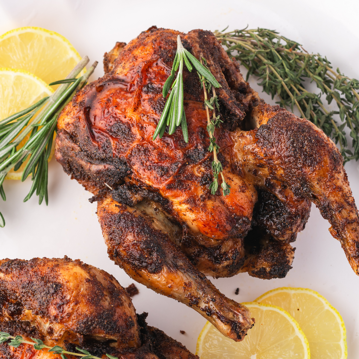 Two golden air fryer Cornish hens on a white platter, garnished with fresh herbs