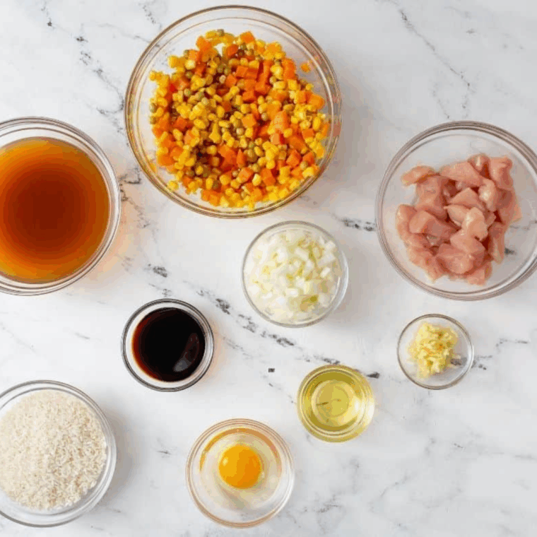 Ingredients needed for PF Chang’s Chicken Fried Rice {Healthy Copycat Recipe} on kitchen table.