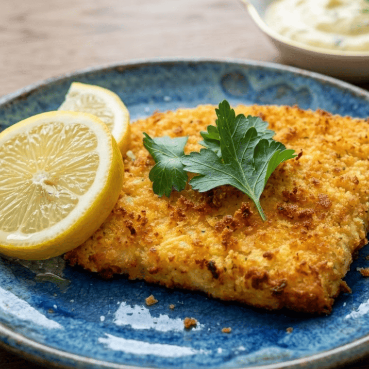 Air fryer breaded salmon fillets with a golden crispy panko crust on a white plate