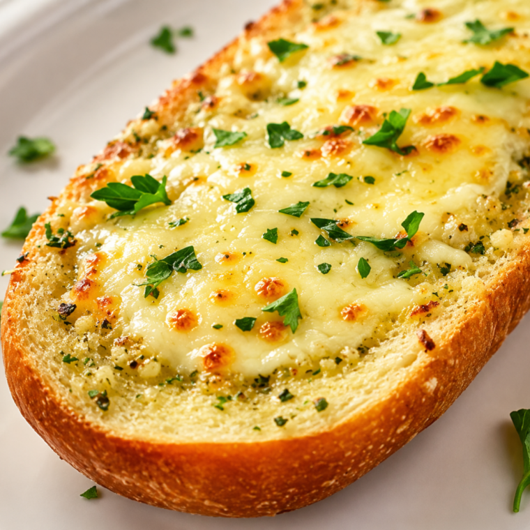 Cheesy garlic bread in an air fryer basket with the mozzarella fully melted and golden