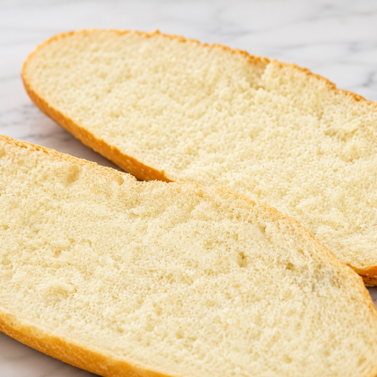French bread loaf cut in half lengthwise on a wooden cutting board