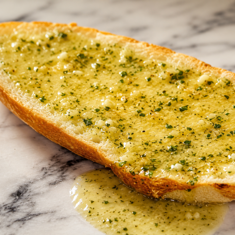 Garlic butter mixture being spread across the cut surface of the bread