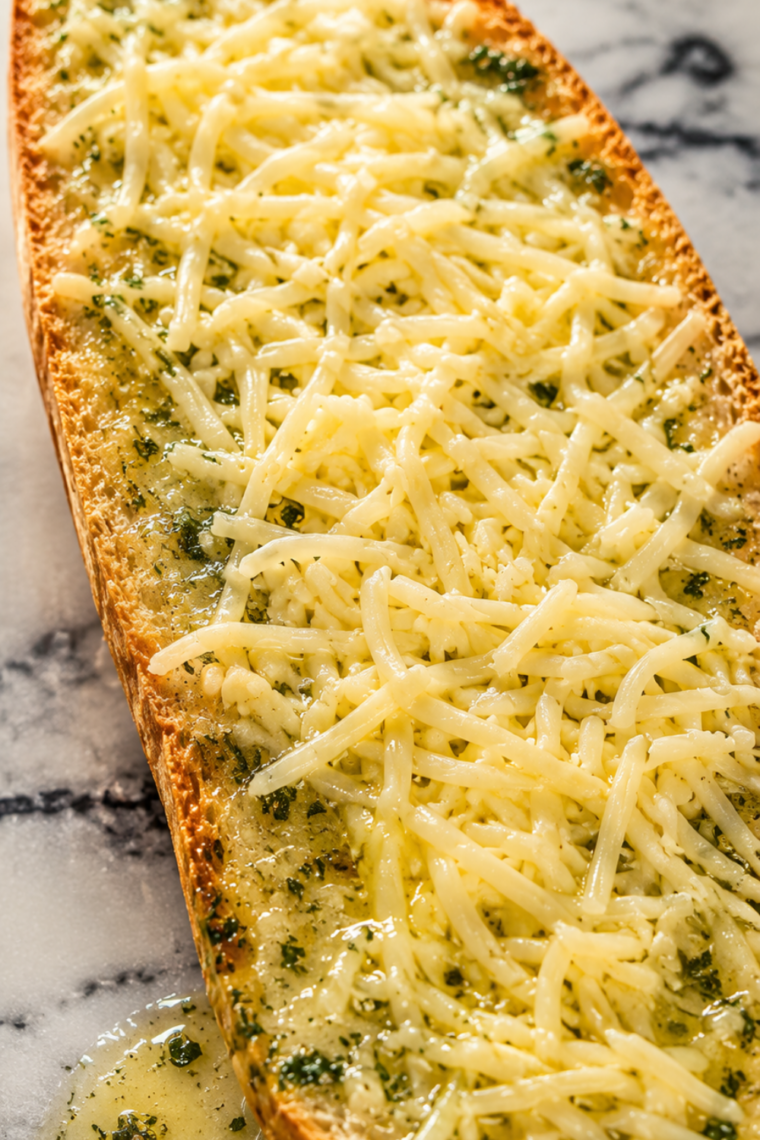 Shredded mozzarella scattered over the buttered bread before air frying