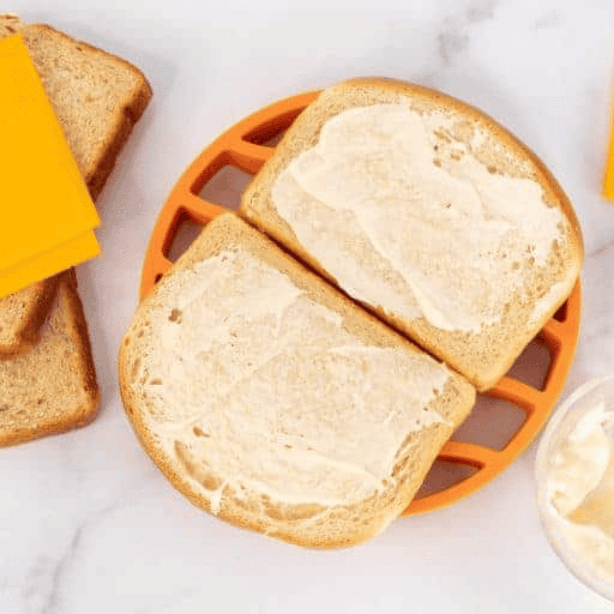 Ingredients needed for The Best Air Fryer Grilled Cheese: Extra Crispy & Perfectly Melted on kitchen table.