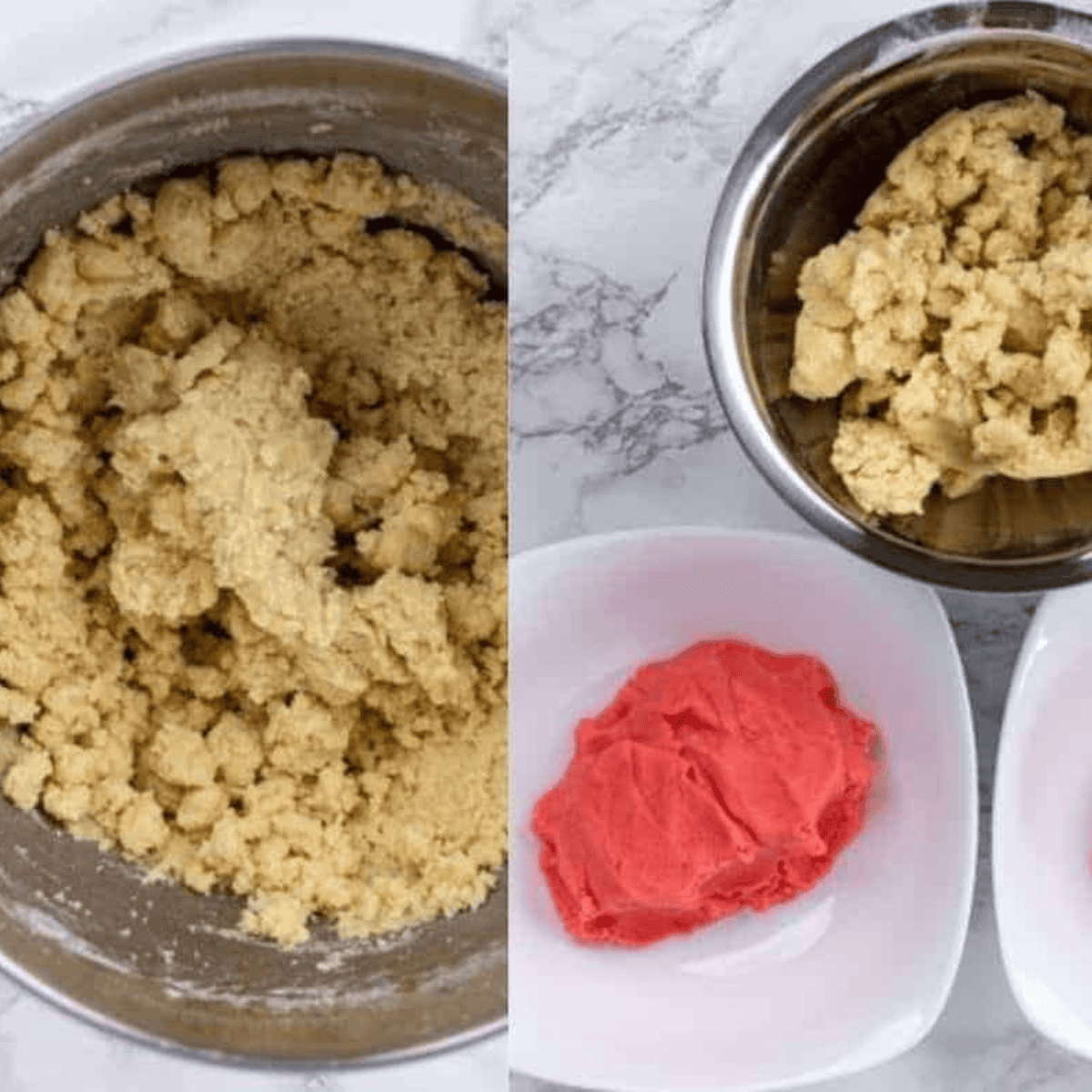 Folding flour mixture into butter mixture until fully combined for dough.