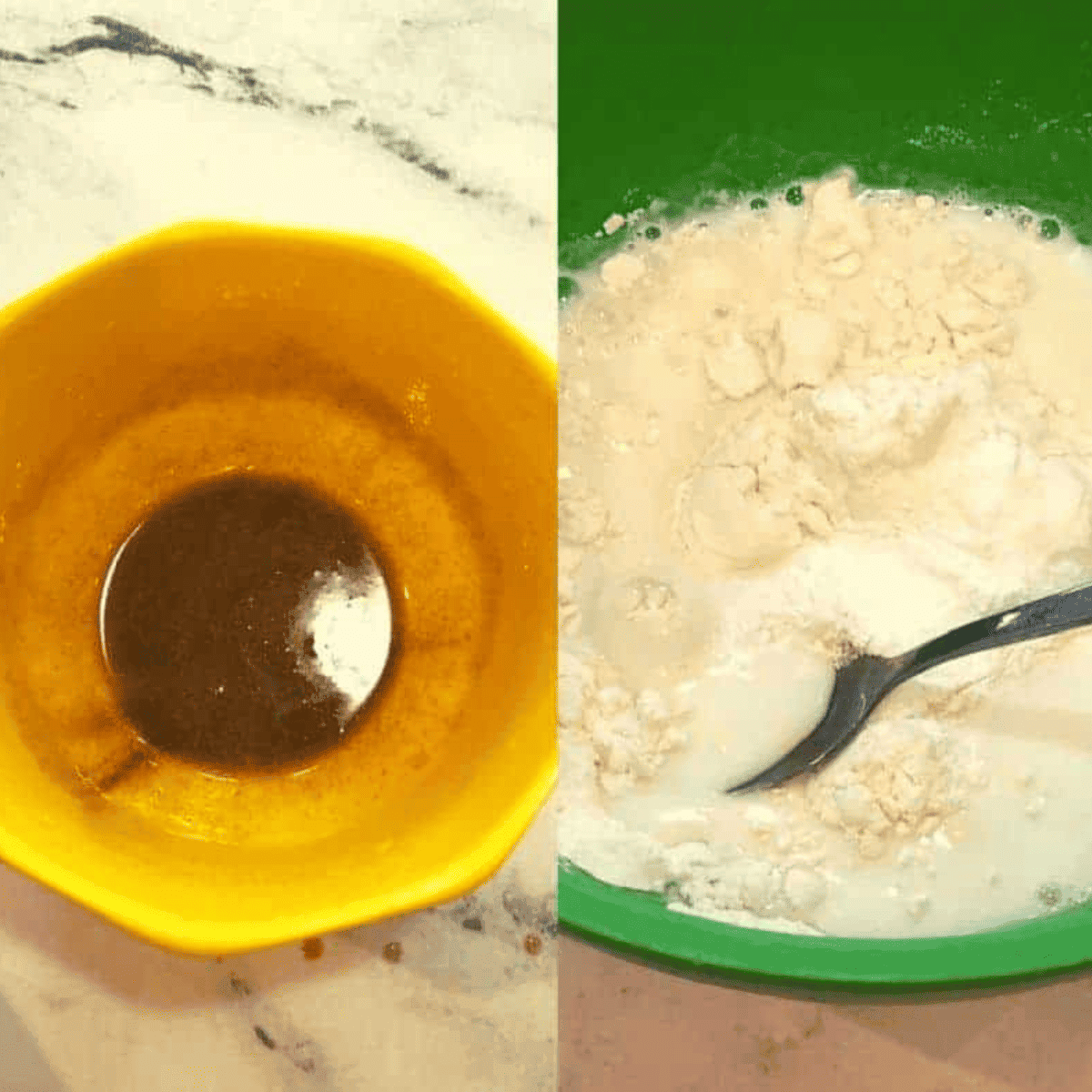 Ramekins with melted butter and cinnamon at the bottom, topped with a batter mixture of flour, sugar, milk, and baking powder.
