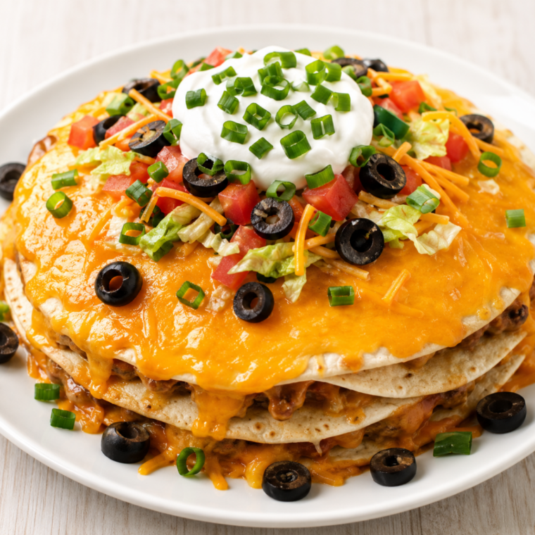Sliced air fryer taco pie topped with sour cream, salsa, and green onions
