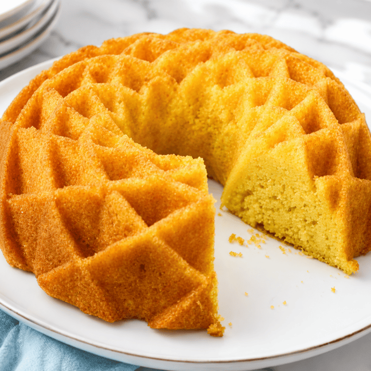 Air fryer 7-Up cake on a white plate with one slice removed, showing the moist yellow crumb