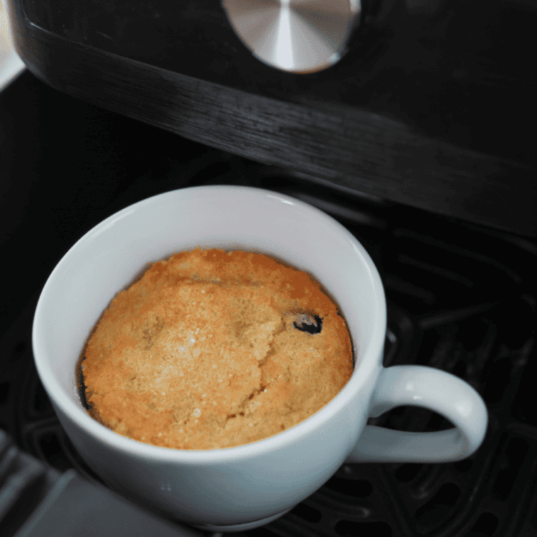 Air Fryer Blueberry Muffin Mug Cake in ramekin with fresh blueberries
