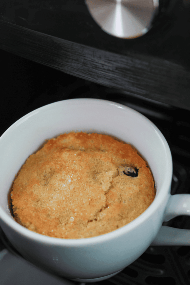 Air Fryer Blueberry Muffin Mug Cake in a ramekin topped with fresh blueberries