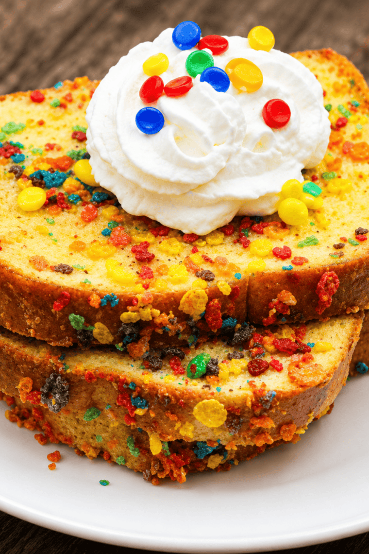 Air Fryer Fruity Pebbles French Toast served on a plate with a swirl of whipped cream