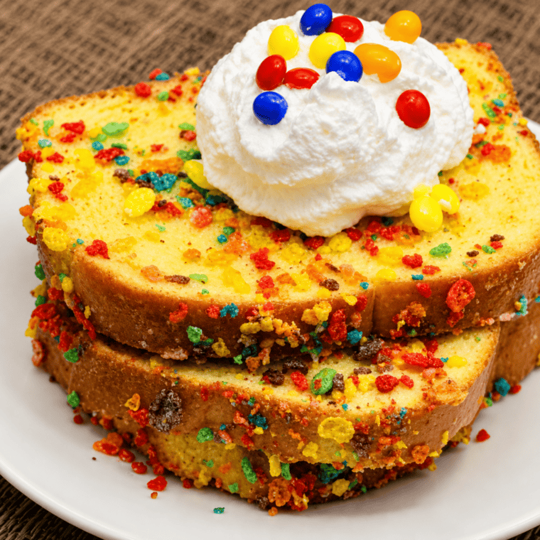 Fruity Pebbles French Toast ingredients measured out in bowls: sliced bread, eggs, half and half, cinnamon, and sugar