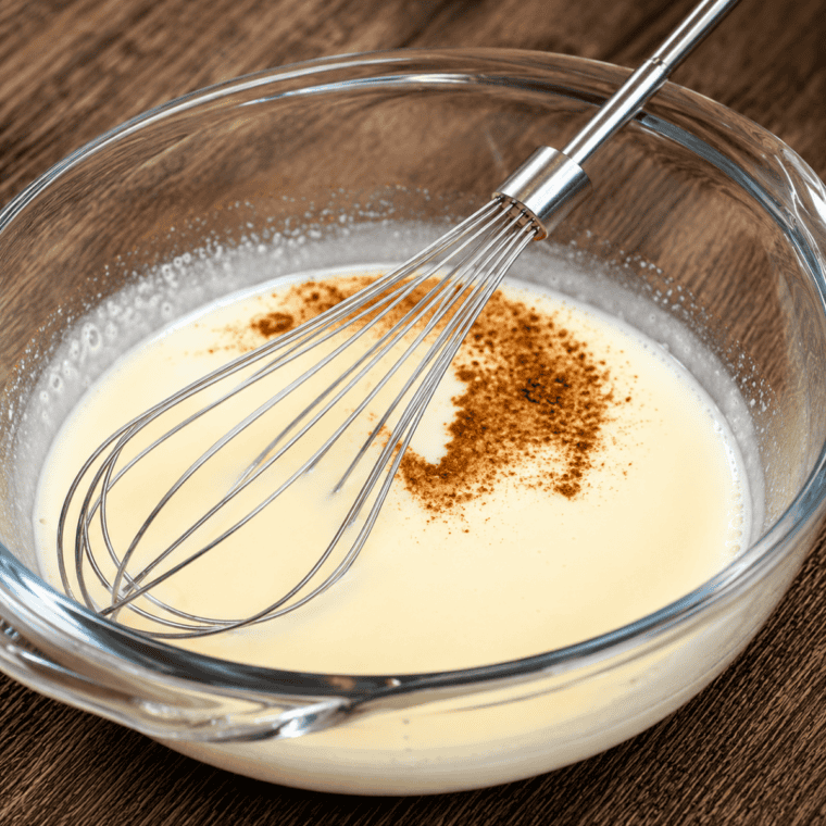 Whisking eggs, half and half, sugar, and cinnamon together in a bowl for French toast custard