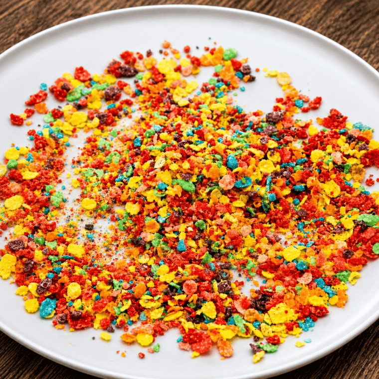 Crushed Fruity Pebbles cereal spread in a shallow bowl for coating French toast
