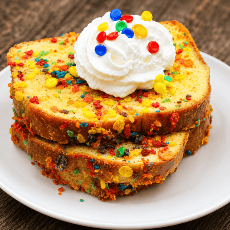 Air Fryer Fruity Pebbles French Toast on a white plate topped with whipped cream