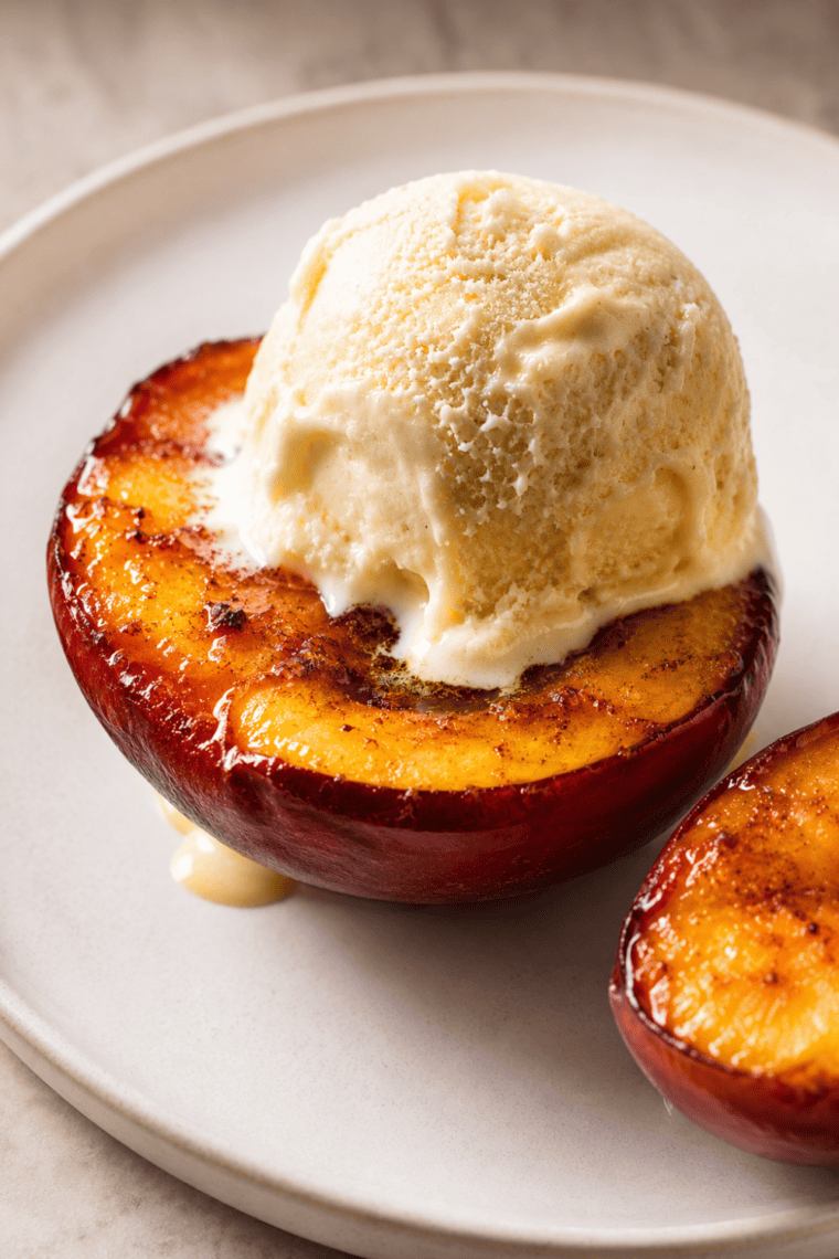 Warm roasted nectarines from the air fryer topped with your choice of garnishes, showcasing soft, juicy fruit with beautifully caramelized edges.