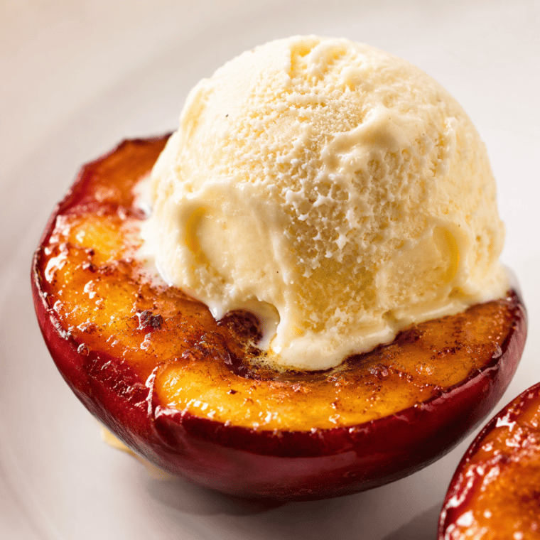 Warm air fryer grilled nectarines served with toppings, featuring golden caramelized fruit and a soft texture.