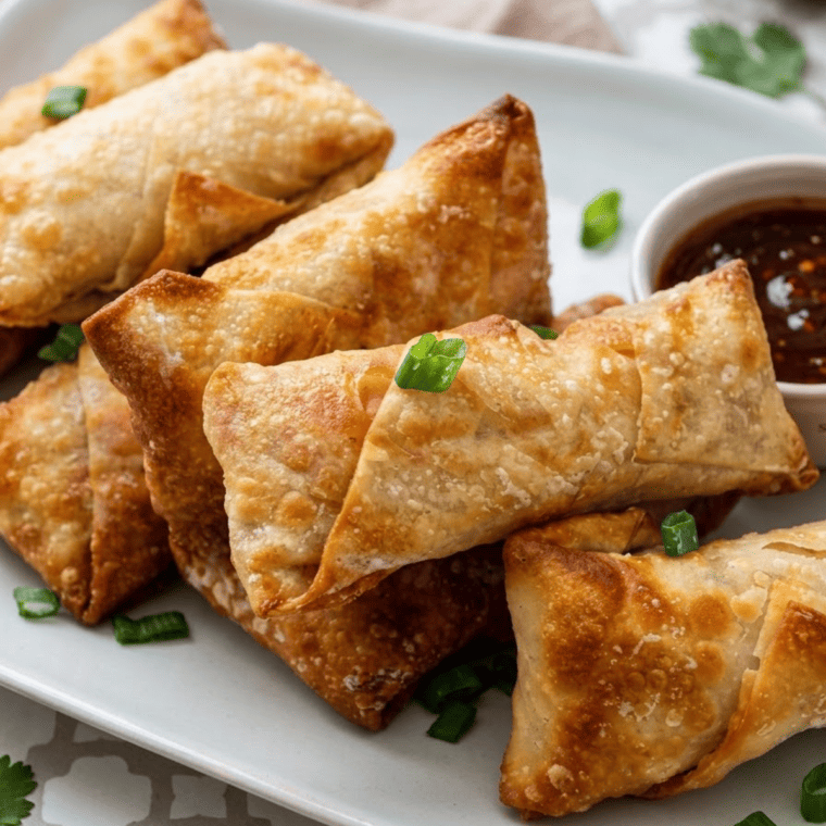 Crispy golden air fryer Pad Thai chicken egg rolls served on plate with dipping sauce, cut open to show filling.