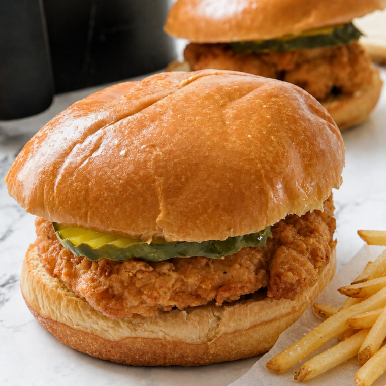 Air fryer Aldi Red Bag Chicken sandwich with a bite taken out and copycat sauce dripping down the side