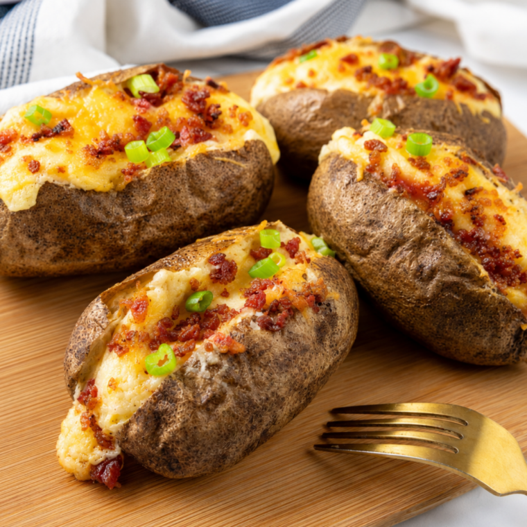 Five air fryer twice baked potatoes topped with melted cheddar, bacon, and chives on a wooden cutting board