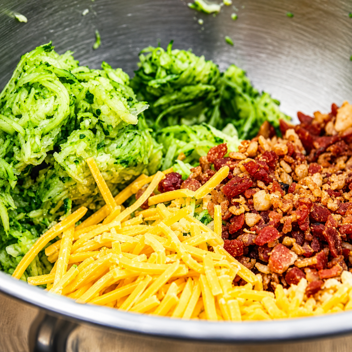 Diced bacon, grated zucchini, and shredded cheddar folded into scone dough in a mixing bowl