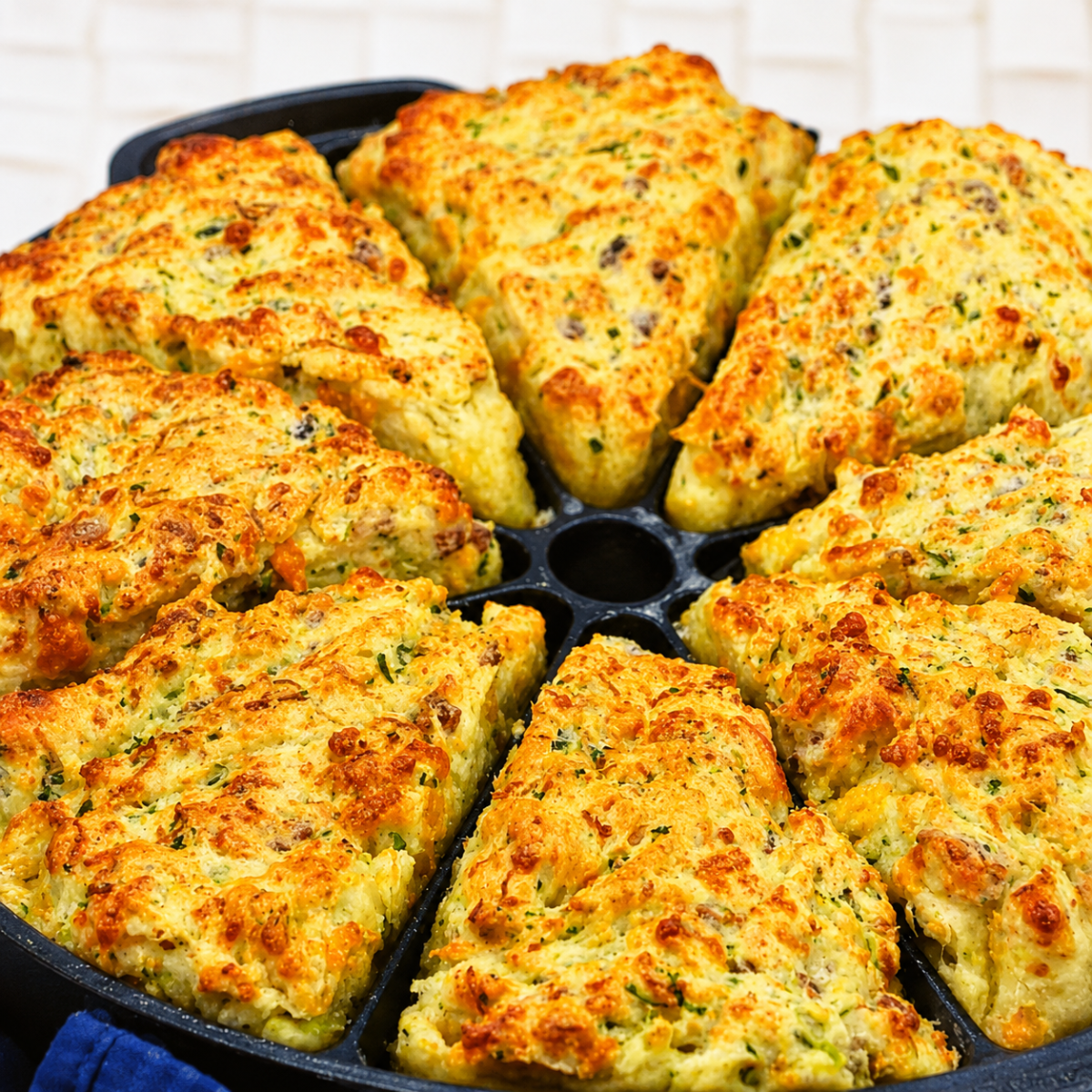 Golden zucchini bacon cheddar scones freshly cooked in a scone pan
