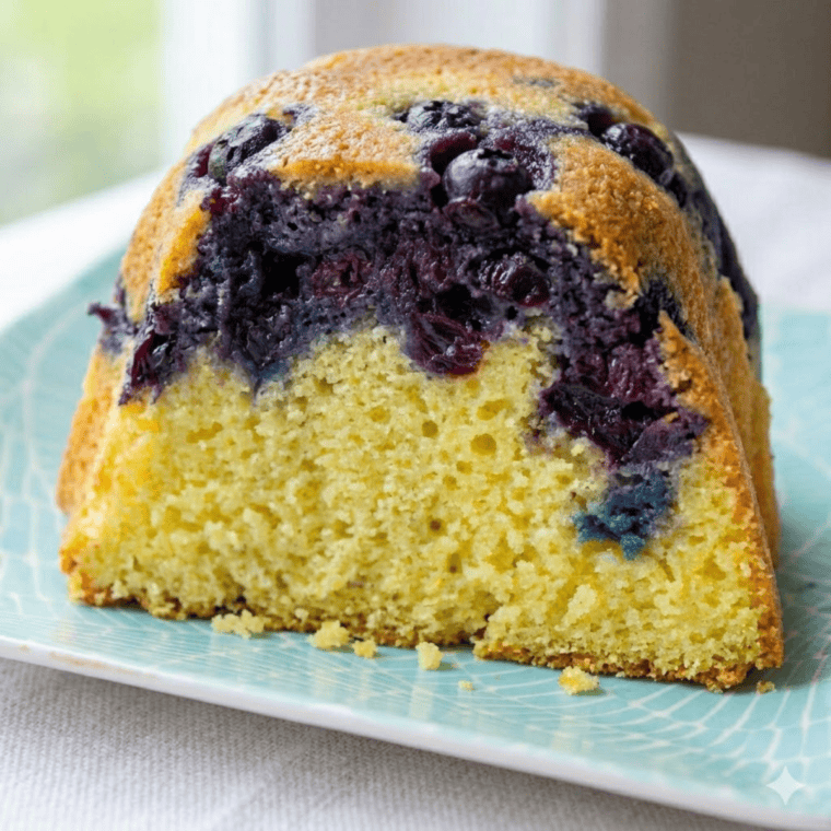Soft blueberry lemon cornbread baked in a pan with fresh blueberries and lemon zest, served warm for a sweet breakfast or brunch treat.