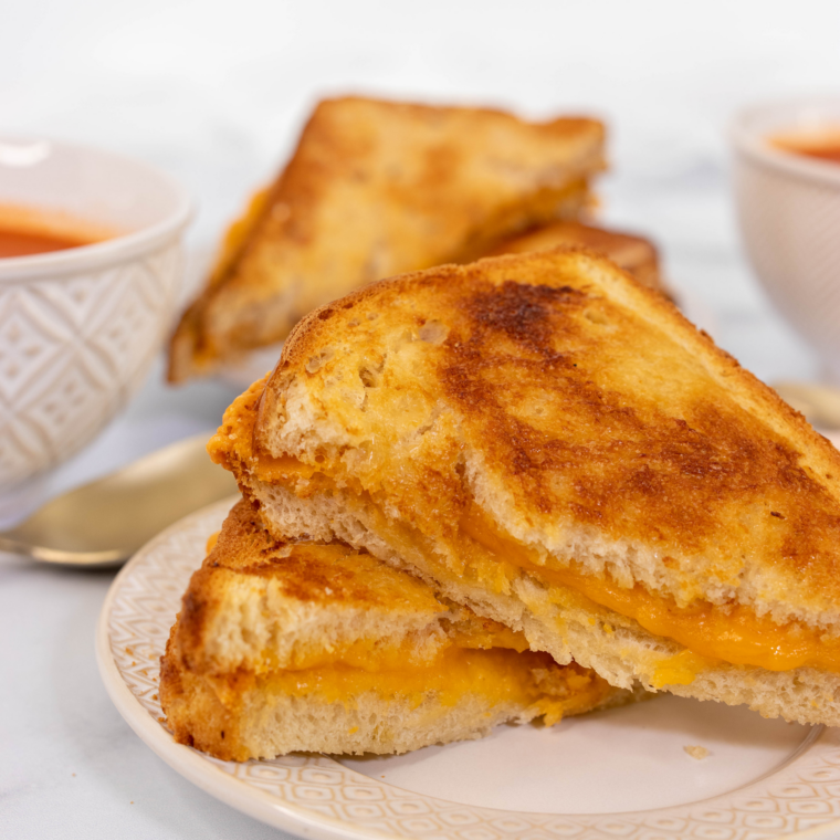 Ninja Crispi grilled cheese sandwich with crispy toasted bread and melted cheddar cheese on a white plate