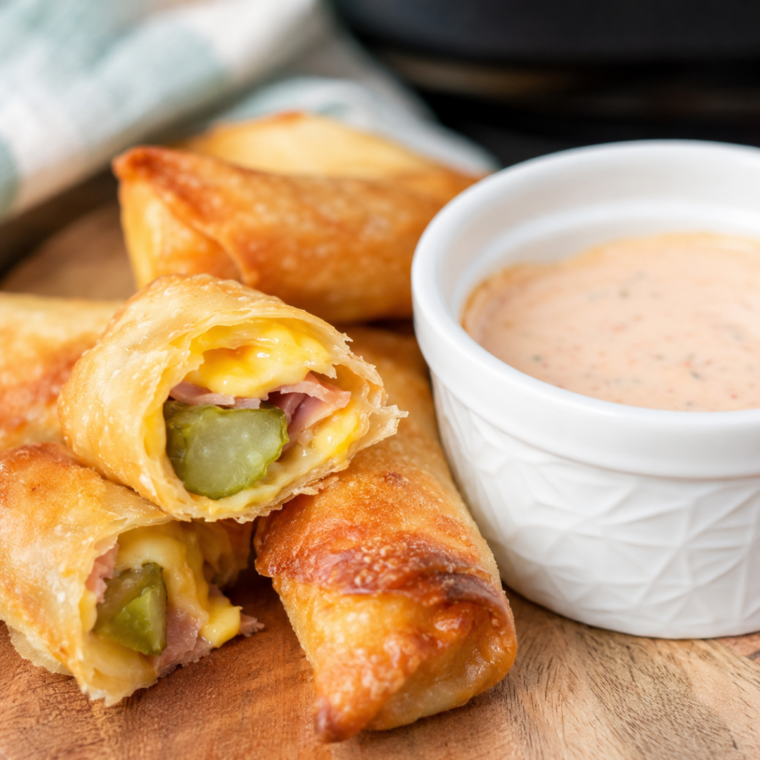 Crispy egg rolls cooling on a wire cooling rack" · "Air fryer egg roll cut open on a rack showing melted cheese"