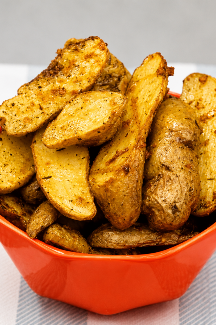 Air fryer garlic fingerling potatoes tossed with fresh parsley, cut sides golden and crisp