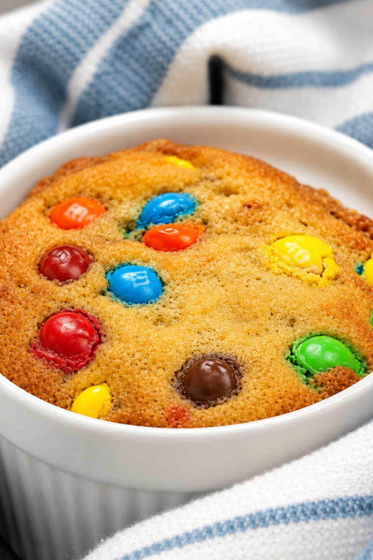Air fryer M&M mug cake in a white ramekin, topped with colorful M&M candies