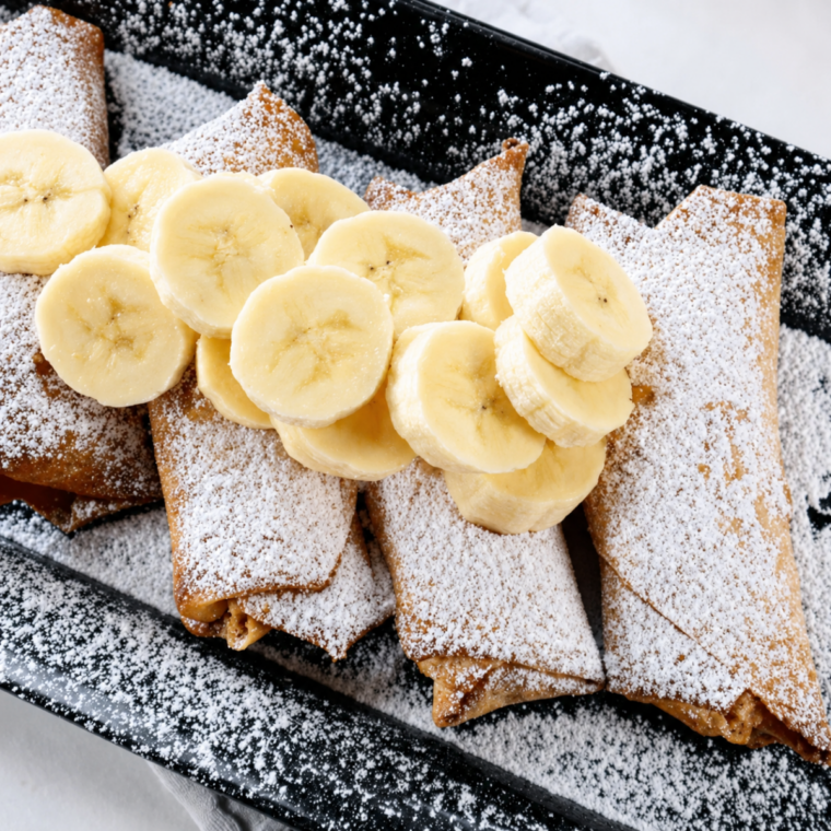 Golden brown air fryer peanut butter banana egg rolls dusted with powdered sugar and served warm