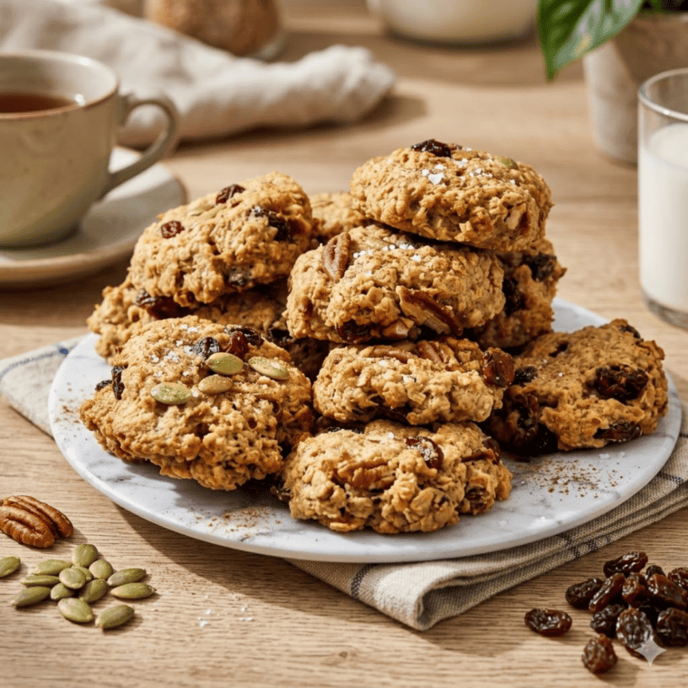 Healthy air fryer breakfast cookie with oats and chocolate chips on a wire rack.