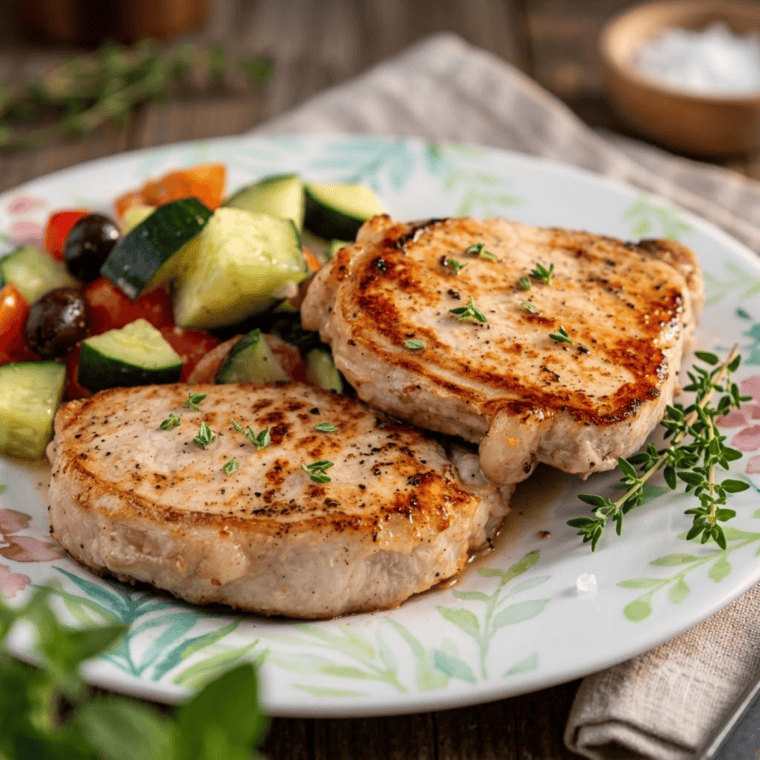 Cooked pork chops on a Blackstone griddle ready to serve