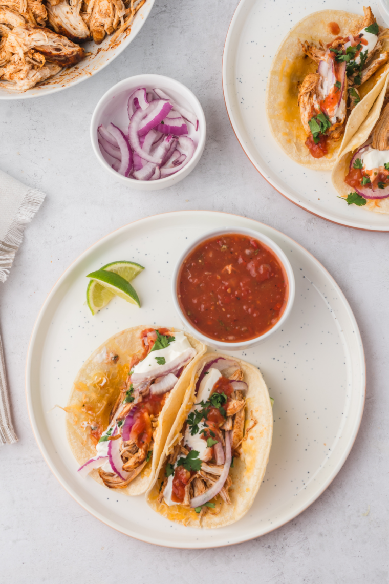 Close-up of grilled chicken tacos with mojo marinade on Blackstone griddle