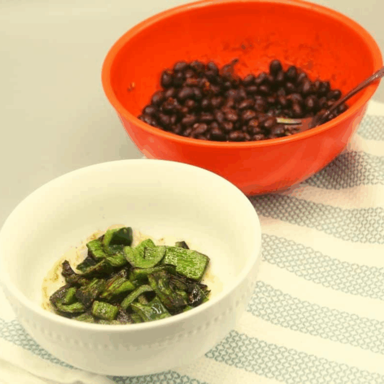 Black beans mixed with taco seasoning and sautéed poblano peppers for quesadilla filling