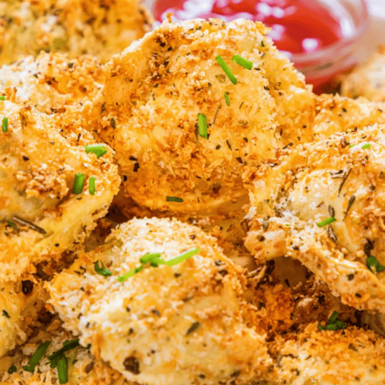Air fryer basket filled with golden tortellini pasta cooking evenly