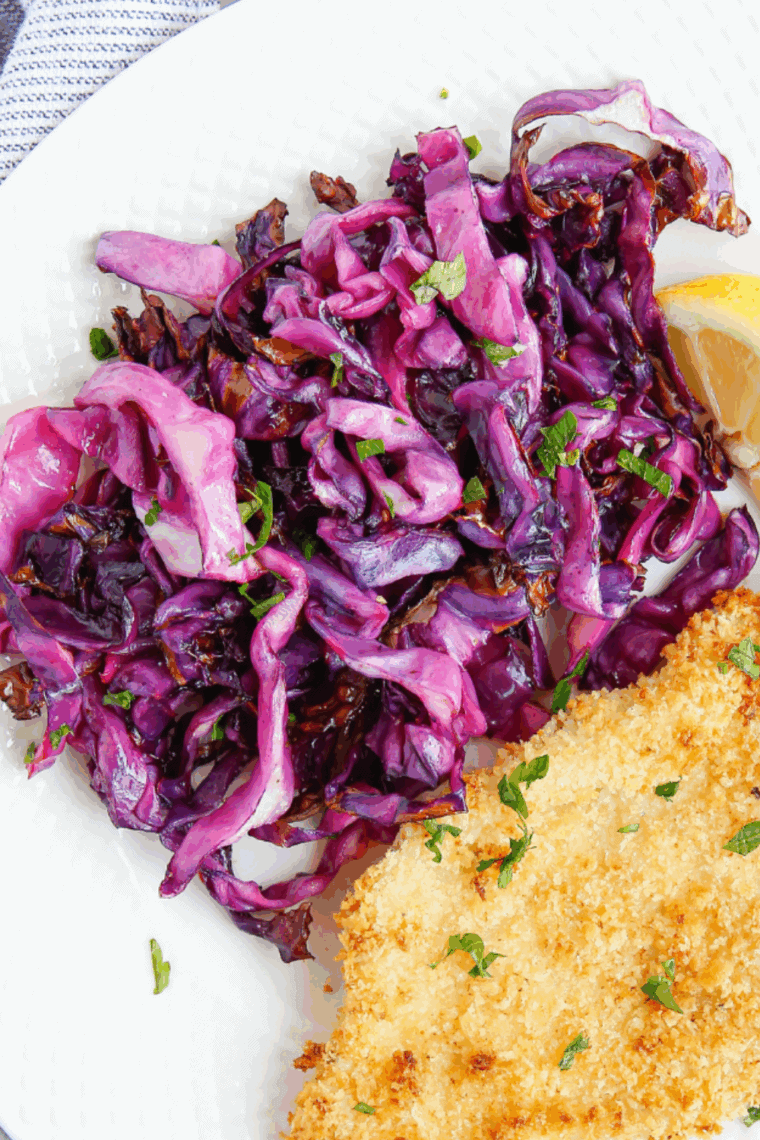 Crispy air fryer red cabbage with golden edges in a bowl, ready to serve.
