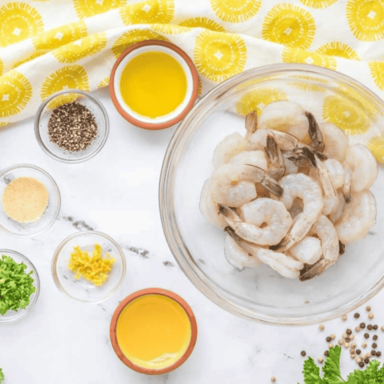 Ingredients needed for Easy Copycat P.F. Chang’s Lemon Pepper Shrimp Recipe on kitchen table.
