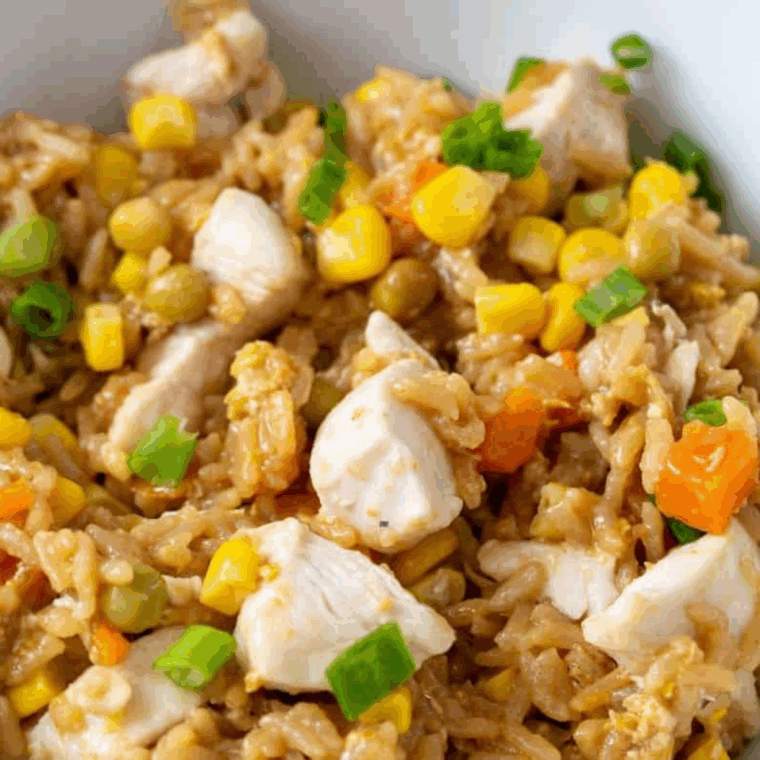 Golden, crispy frozen fried rice cooked in the air fryer basket