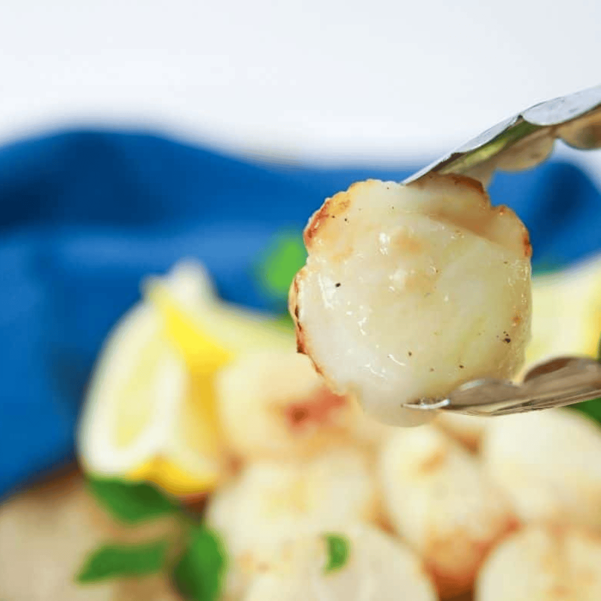 Golden, perfectly cooked air fryer garlic butter scallops garnished with parsley and lemon wedges.